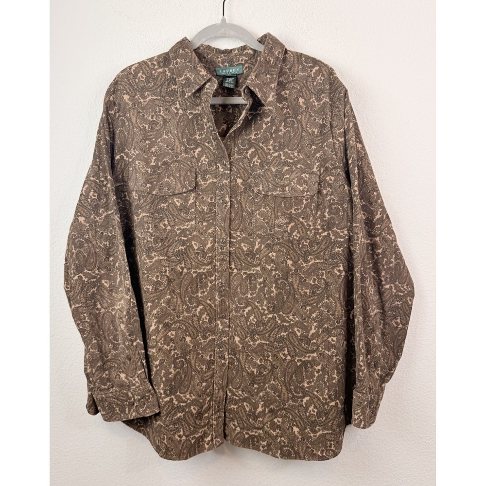 Lauren Ralph Lauren Paisley Corduroy Button Front Shirt Women's 2X Brown Cowgirl